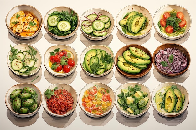 Collection of meal bowls and recipe cards